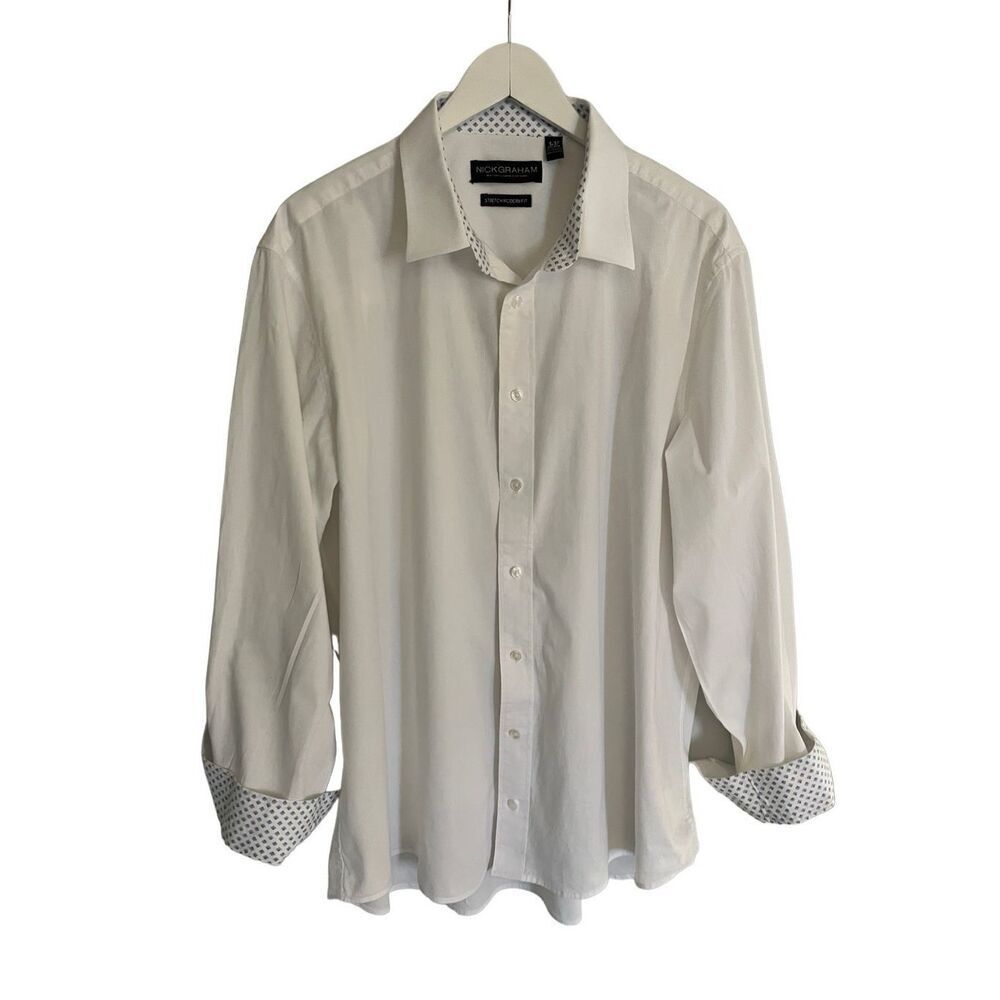 Nick Graham white 100% cotton button down shirt with patterned inner collar and